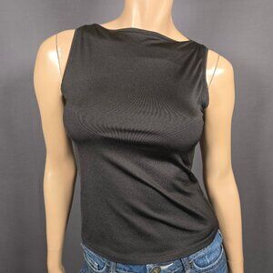 Vintage 90s Basic Black Sleeveless Boat Neck Top Size M Fitted Stretch